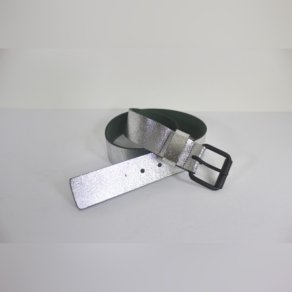 Metallic Silver Leather Belt with Black Metal Buckle Shiny S/M Made in Canada